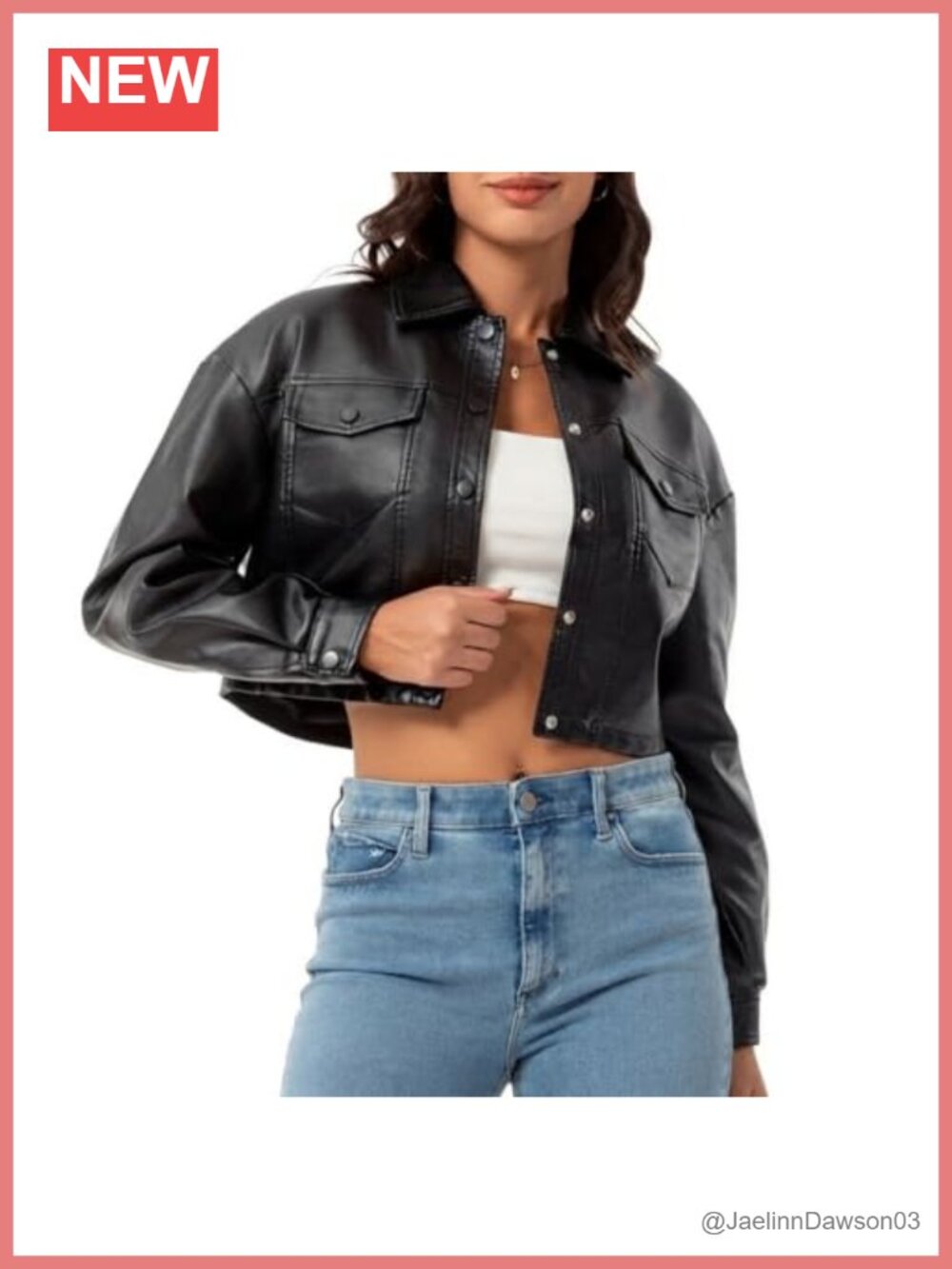 Faux Leather Cropped Moto Biker Jacket Button Down Long Sleeve Point Collar